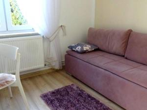 sala de estar con sofá púrpura y ventana en Apartamenty Pod Fortami en Przemyśl