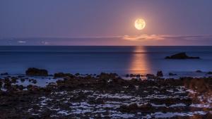a full moon rising over the ocean at night at Apartamentos Charco del Conde in Valle Gran Rey