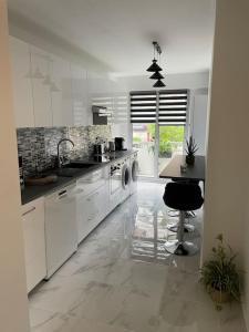 une cuisine blanche avec un évier et un lave-vaisselle dans l'établissement Superbe appartement carré Delfino Port de Nice, à Nice