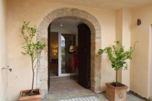 an archway leading into a room with a door and two plants at La Corte del Castello di San Michele in San Michele in Teverina