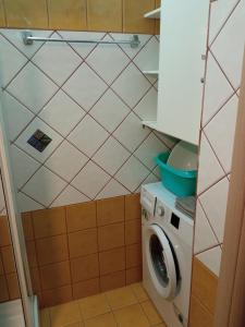 a small bathroom with a washing machine in it at Sofia's Garden in Nea Peramos