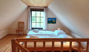 a bedroom with a bed and a window in a attic at Blaues Haus by Rujana in Zirkow