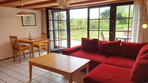 sala de estar con sofá rojo y mesa en Blaues Haus by Rujana, en Zirkow