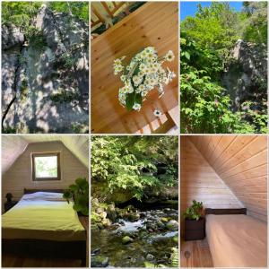 a collage of pictures of a bedroom and a creek at Domek przy Rozpadlisku in Podgórzyn