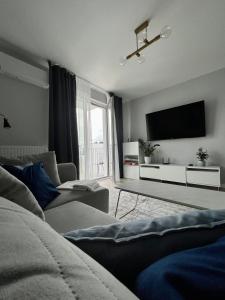 salon z kanapą i telewizorem w obiekcie Życzliwa Apartment w Warszawie