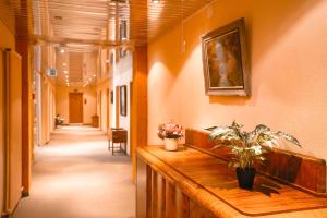 a corridor of a hospital hallway with a long hallway at Parkhotel Beatenberg in Beatenberg