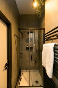 um chuveiro com uma porta de vidro na casa de banho em Golden Dove Luxury Aparts em Bruxelas