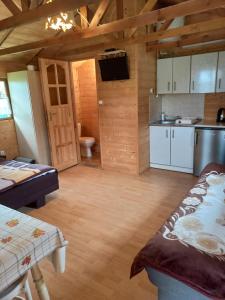 a kitchen and living room in a log cabin at Słoneczne Zbocze in Wysowa-Zdrój