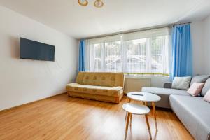 ein Wohnzimmer mit einem Sofa und einem Tisch in der Unterkunft VacationClub – Apartament Waryńskiego 14C in Szklarska Poręba
