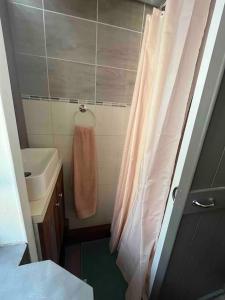 a bathroom with a shower curtain and a sink at Joli cocon proche de Paris centre in Boulogne-Billancourt