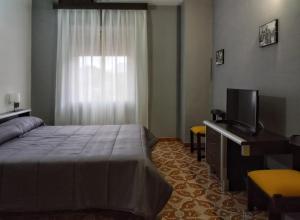 a bedroom with a bed and a dresser and a television at Hotel Stella Alpina in Villalago