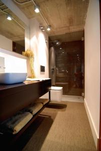 a bathroom with a sink and a shower with a toilet at Loft Rural Cirueches 19 in Carabias