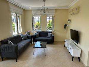 sala de estar con 2 sofás y TV en Villa Marla, en Side