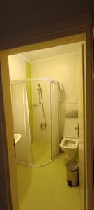 ein Badezimmer mit Dusche und Toilette in der Unterkunft Hotel Crowded House in Eceabat + 167 Fotos
