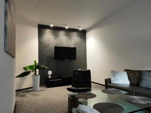 a living room with a couch and a tv on a wall at Apartament Leonardo in Bolesławiec