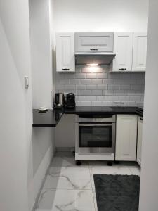 La cuisine est équipée de placards blancs et d'un four en acier inoxydable. dans l'établissement Apartament Leonardo, à Bolesławiec