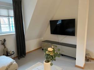 a living room with a flat screen tv on a wall at Modernes Appartement an der Krämerbrücke, Altstadt in Erfurt