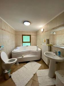 a bathroom with a tub and a toilet and a sink at Máréfalvi vendégház in Băile Homorod