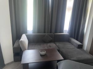 een woonkamer met een bank en een salontafel bij Maroon pension in Piešťany