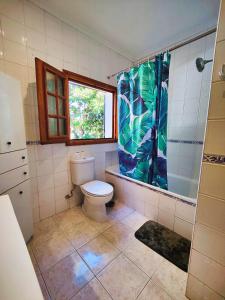 baño con aseo y ducha y ventana en Quinta Da Lameira - Pero Viseu Central Portugal, en Pêro Viseu