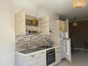 La cuisine est équipée d'un évier, d'une cuisinière et d'un réfrigérateur. dans l'établissement Appartamento-Casalvelino, à Omignano