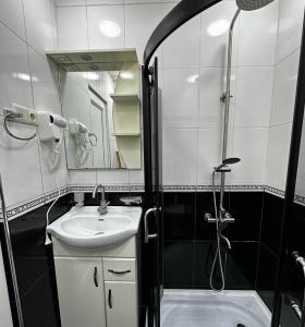 uma casa de banho com um lavatório e um chuveiro com um espelho. em Cozy apartment em Tbilisi