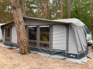 ヘルにあるPrzyczepa kempingowa VIP z toaletą i klimatyzacją Hel Helska 11の木の横にテントが設置されています。