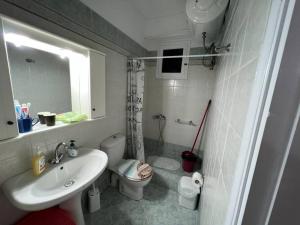 ein kleines Bad mit einem Waschbecken und einem WC in der Unterkunft Elegant studio by the beach in Ireon in Ireo