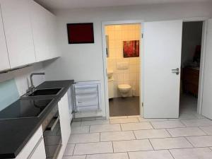 a white kitchen with a sink and a toilet at Basel - 5 mins away - Modern Basement Studio with Kitchen 35m2 in Muttenz in Muttenz