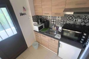 a small kitchen with a sink and a microwave at Summer House with Garden and Fruit Trees in Nea Makri