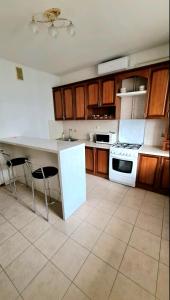 una cucina con bancone bianco e piano cottura di Negruzzi 2 bedrooms a Chişinău