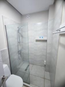 a bathroom with a glass shower with a toilet at Home Shekvetili in Shekvetili