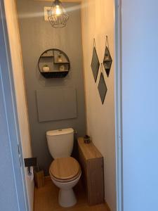 uma pequena casa de banho com um WC e uma prateleira em Appartement les orres 1800 pied des pistes em Les Orres