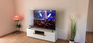 a flat screen tv sitting on a white stand in a room at Apartman Hana 2 in Rab