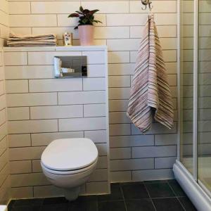 a bathroom with a white toilet and a shower at Lenes hus in Halden +22 photos