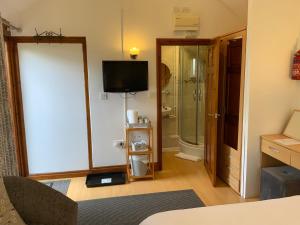 a living room with a shower and a television in it at Whortleberry Studio B & B in Porlock