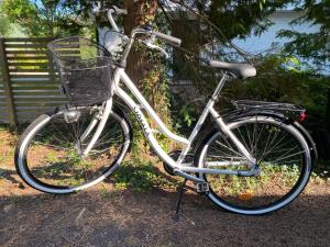 Una bicicleta con una cesta estacionada junto a un árbol en Flygarevägen, en Höllviken