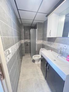 uma casa de banho com um lavatório branco e um WC. em kızıl apart em Buca