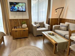 a living room with a couch and a tv on the wall at Pirin Golf & Spa Greenside Studio in Razlog