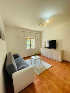 een woonkamer met een bank en een tv bij Appartamento di Anna in San Pasquale