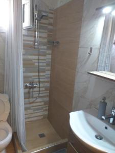 a bathroom with a shower and a toilet and a sink at Home Sweet Home Skala Fourkas in Skála Foúrkas
