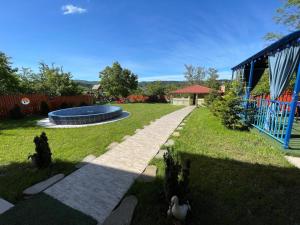 a backyard with a trampoline in the grass at Hotel Legiandro Surami in Surami