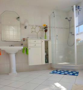 a white bathroom with a shower and a sink at Ferienwohnung nahe der Ostsee in Steinhagen