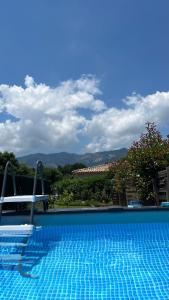 a swimming pool with a view of a mountain at Mini-villa 1 MER in Porto-Vecchio
