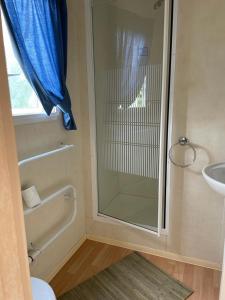 W łazience znajduje się szklana kabina prysznicowa i umywalka. w obiekcie Stawy Zielona Dolina w Kudowie Zdroju