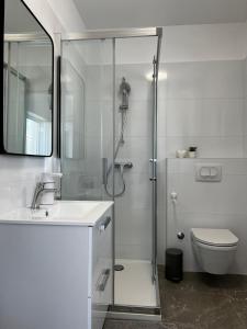 a bathroom with a shower and a sink and a toilet at Holiday Home Bajlo in Zadar