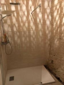 a shower in a bathroom with a shower curtain at Nuit insolite dans une troglodyte ! in Nazelles