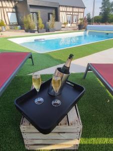 due bicchieri di vino su un vassoio accanto alla piscina di Le clos des crins a Pavilly