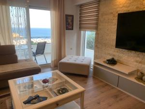 a living room with a couch and a tv at Guesthouse HHL - Liman ll in Ulcinj