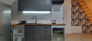 - une cuisine avec des placards gris et une bouilloire dans l'établissement Apartament Świerkowa 11, à Augustów